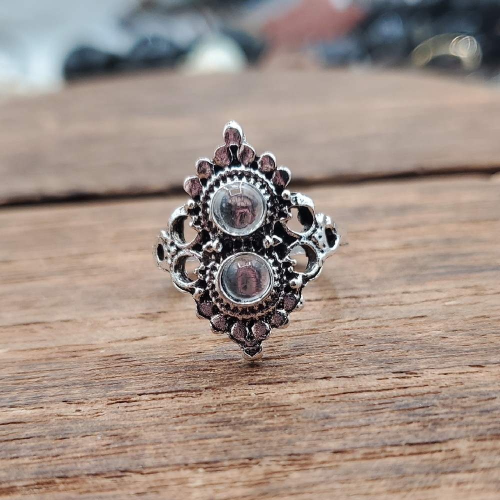 Moonstone Silver Tone Filigree Women's Ring with Clear Stones Size 6 R822
